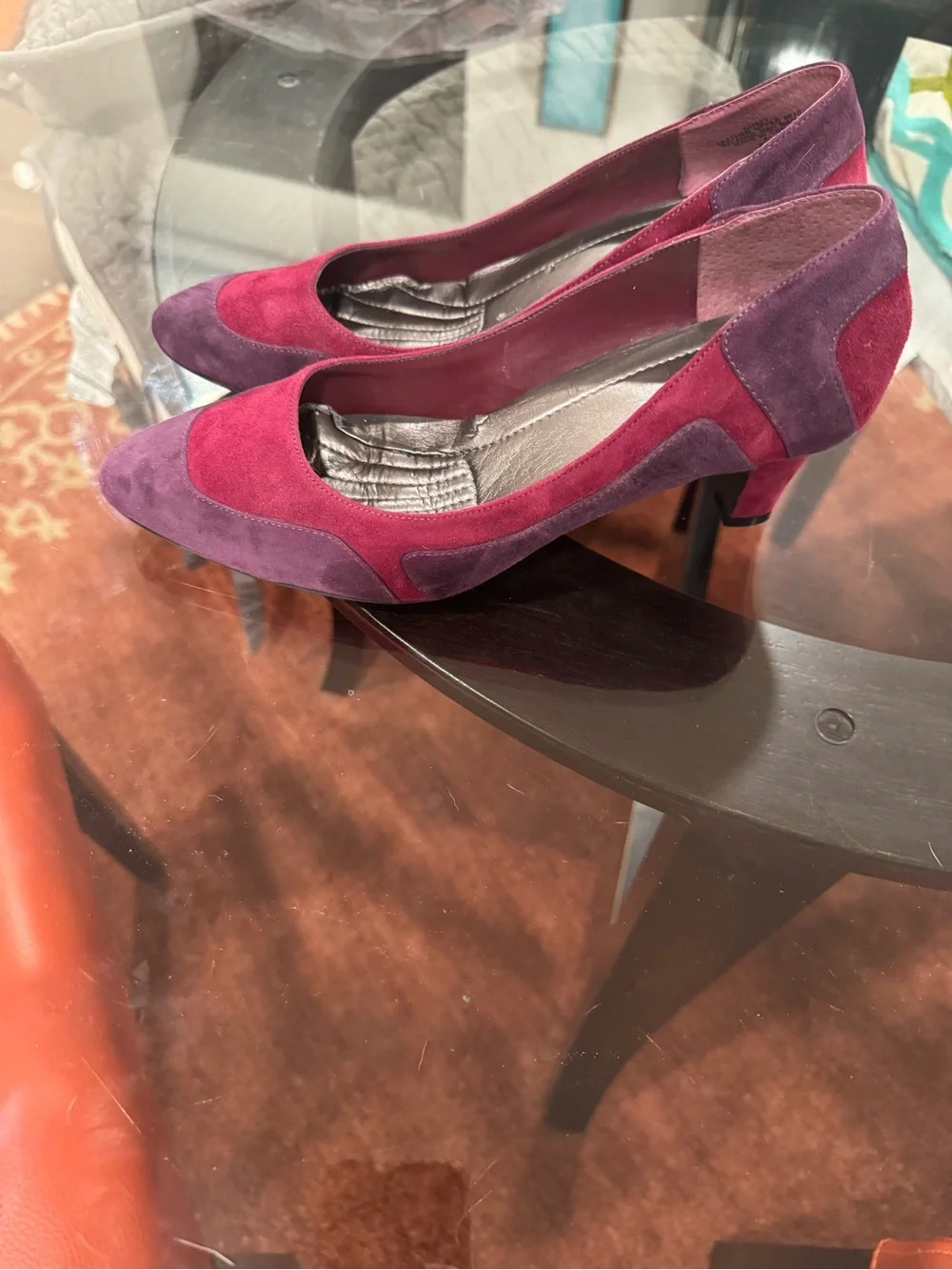 Easy Spirit Two-Tone Suede Pointed Flats in Magenta & Plum